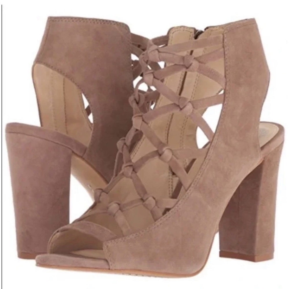 Vince Camuto Taupe Suede Lace-Up Block Heel Sandal